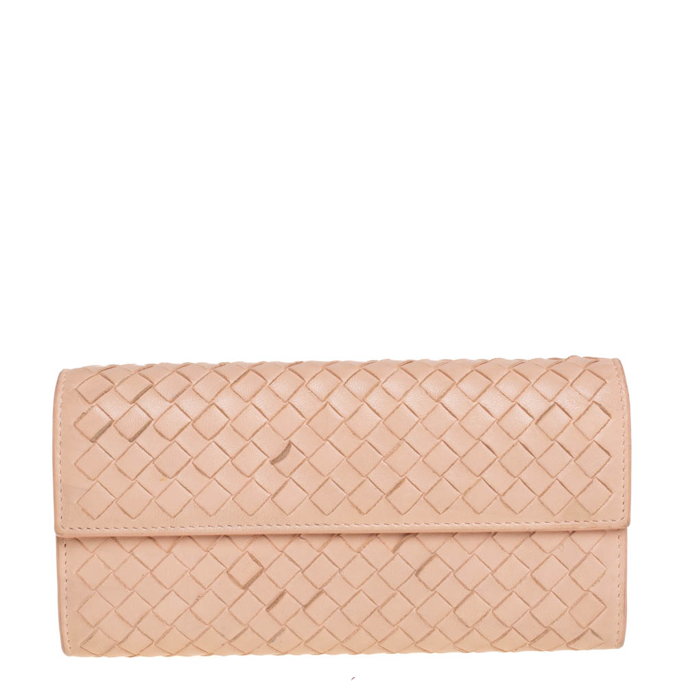 Pre-owned Bottega Veneta Peach Intrecciato Leather Continental Wallet In Pink
