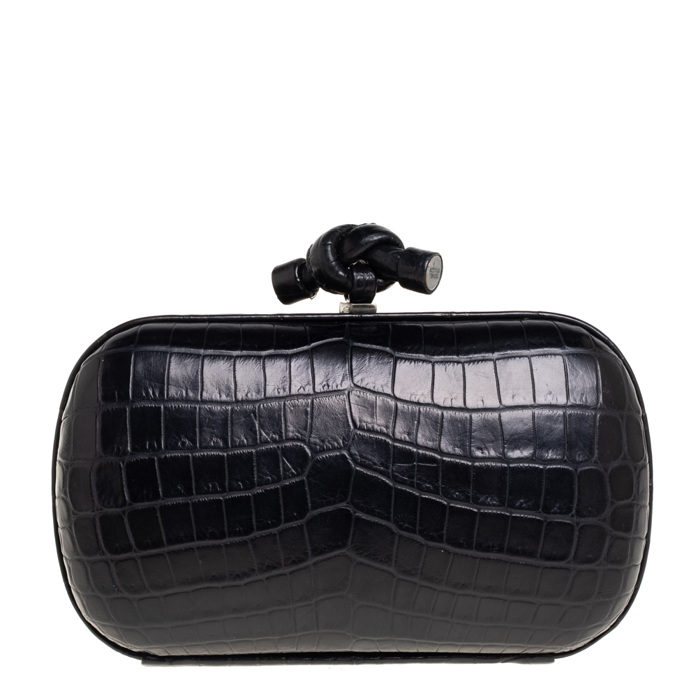 Pre Owned Bottega Veneta Black Croc Knot Clutch
