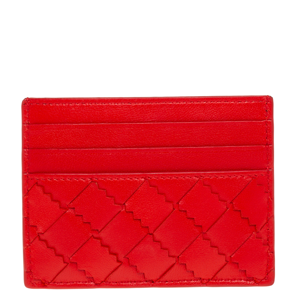 Pre-owned Bottega Veneta Red Intrecciato Leather Card Holder