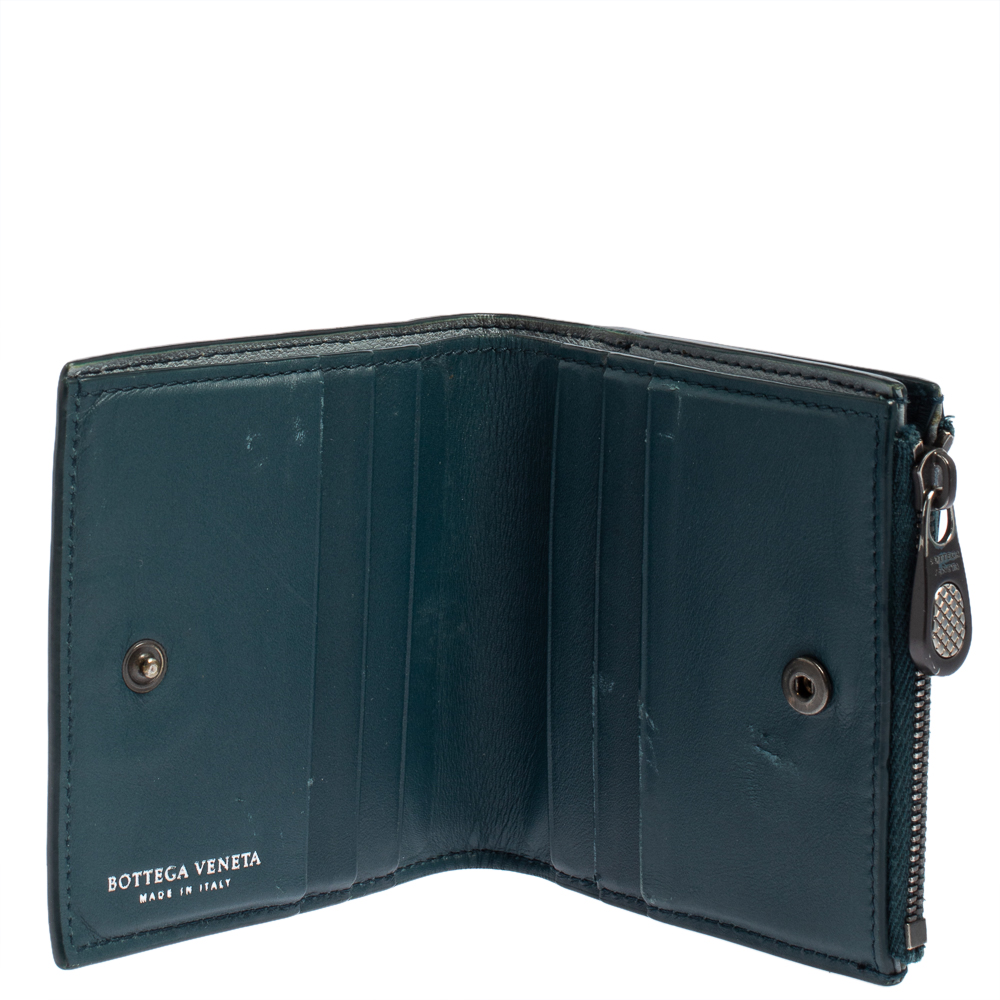 

Bottega Veneta Teal Green Intrecciato Leather Compact Wallet