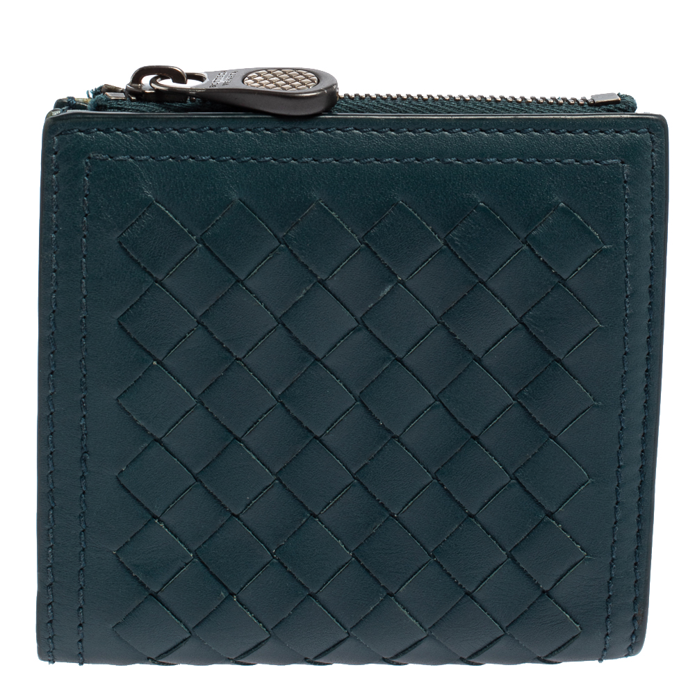 Pre-owned Bottega Veneta Teal Green Intrecciato Leather Compact Wallet