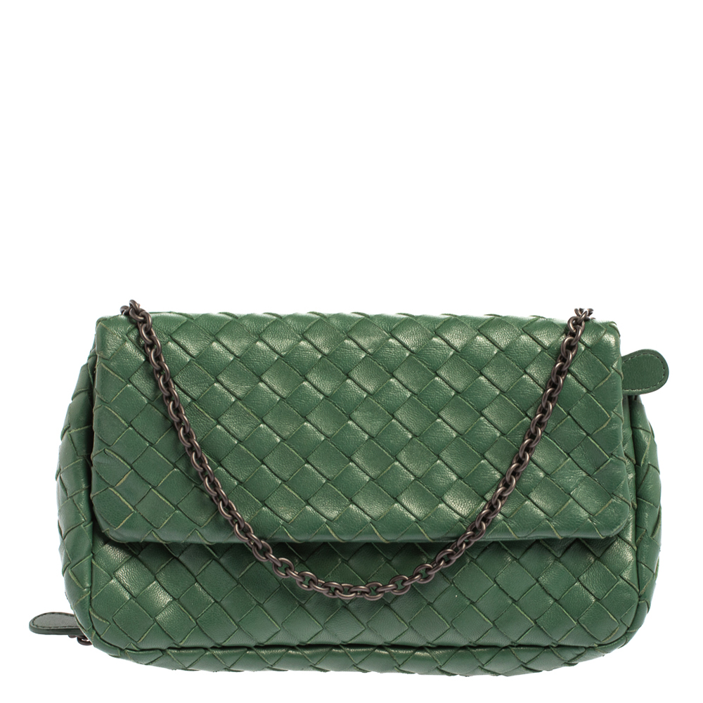 Pre-owned Bottega Veneta Green Intrecciato Leather Flap Chain Crossbody Bag