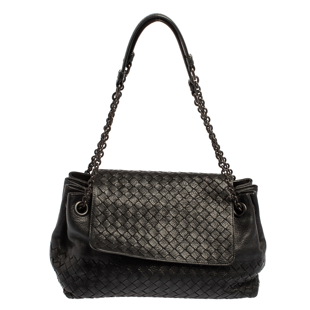 Pre-owned Bottega Veneta Black Intrecciato Leather Flap Shoulder Bag