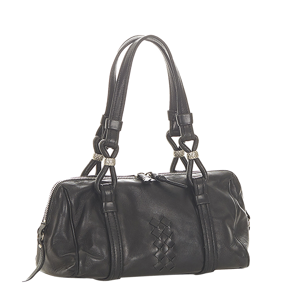 

Bottega Veneta Black Calf Leather Intrecciato Boston Shoulder Bag