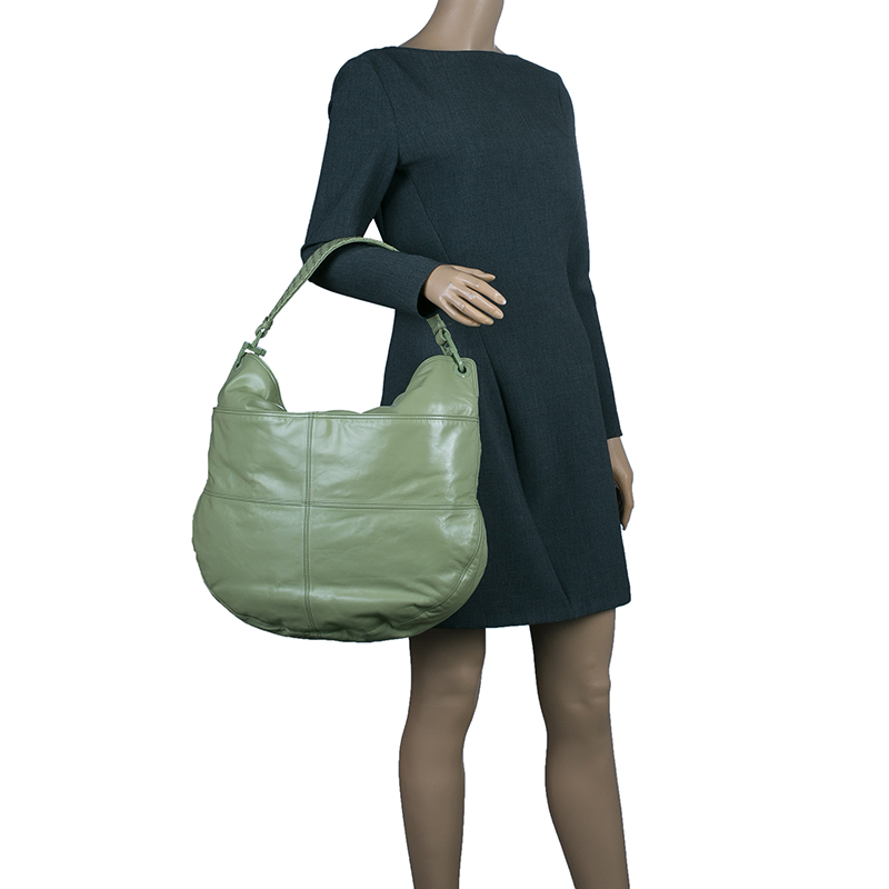 

Bottega Veneta Mela Green Leather Woven Handle Hobo Bag