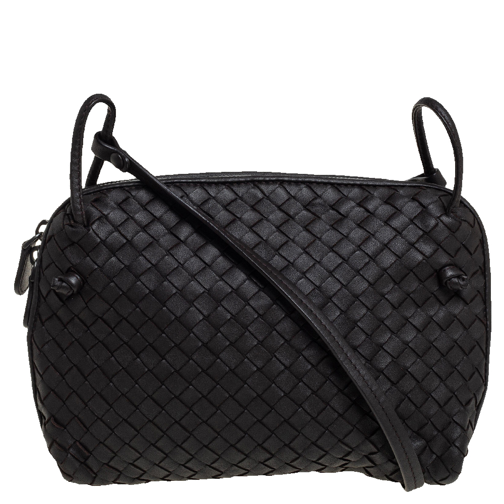Click to view more detailed imagery on our partner's website Pre-owned Bottega Veneta Dark Brown Intrecciato Leather Nodini Crossbody Bag In Green