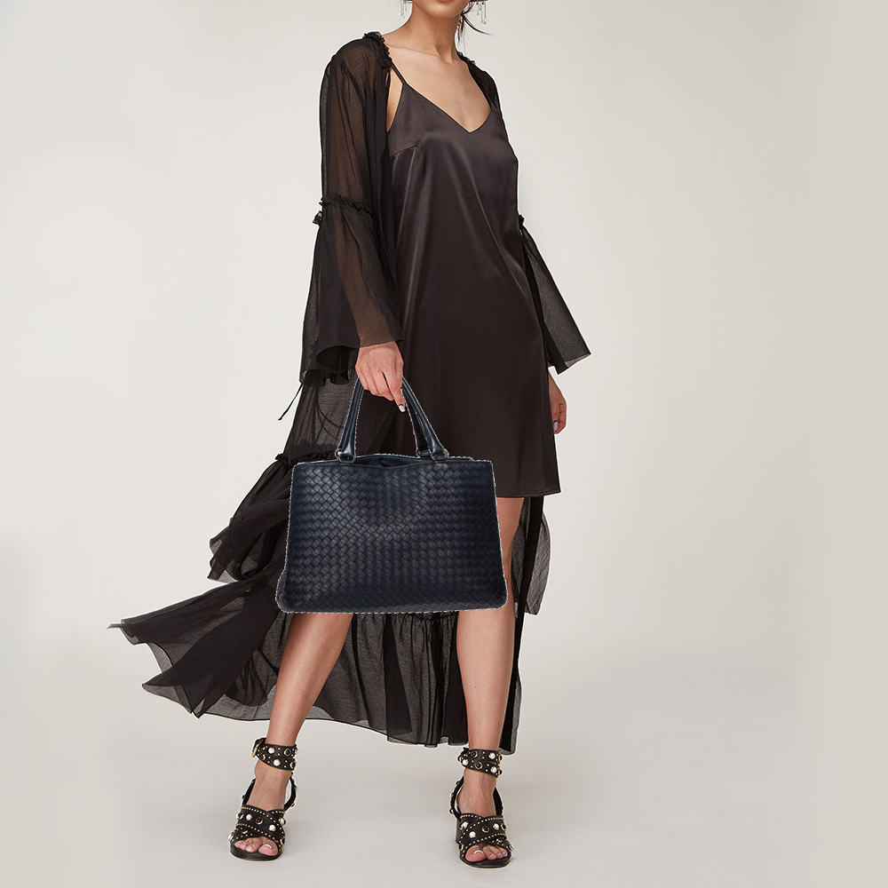 

Bottega Veneta Navy Blue Intrecciato Leather Tote
