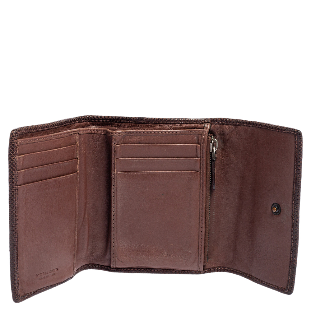 

Bottega Veneta Brown Intrecciato Leather and Snakeskin Trifold Wallet