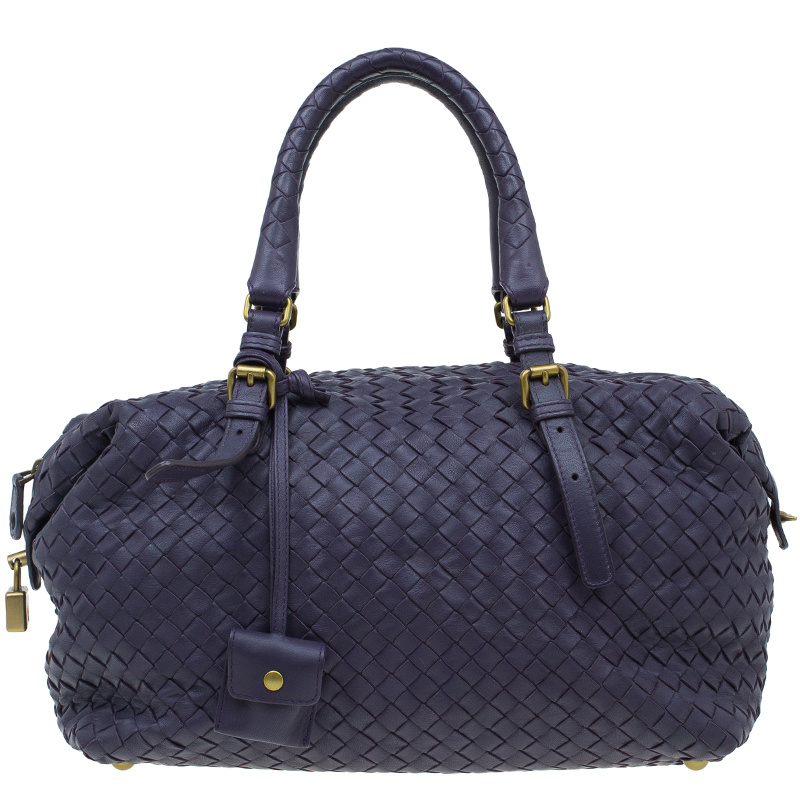Pre Owned Bottega Veneta Purple Woven Leather Small Montaigne Satchel