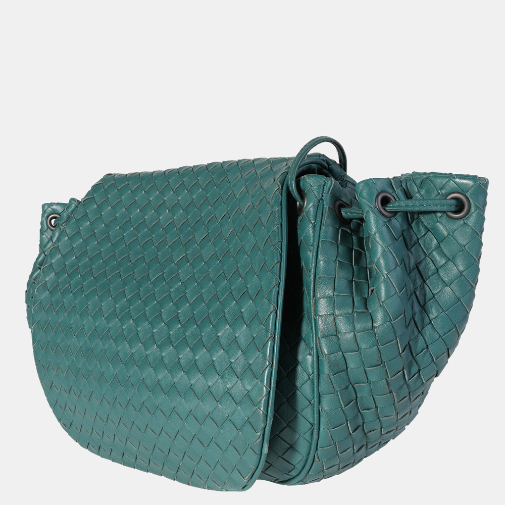 

Bottega Veneta Green Leather Intrecciato Drawstring Flap Shoulder Bag