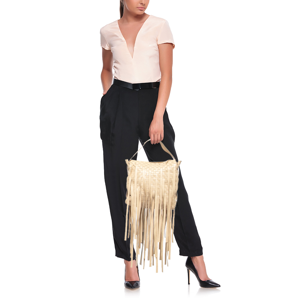 

Bottega Veneta Nude Beige Leather Fringe Hobo