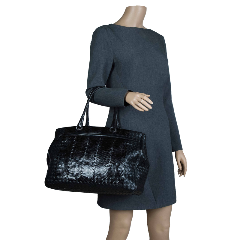 

Bottega Veneta Black Woven Leather and Python Tote