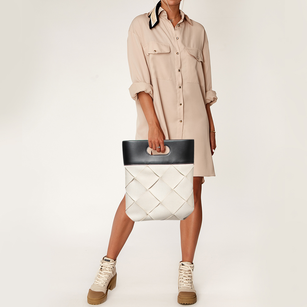 

Bottega Veneta Black/Cream Leather And Woven Canvas Slip Tote