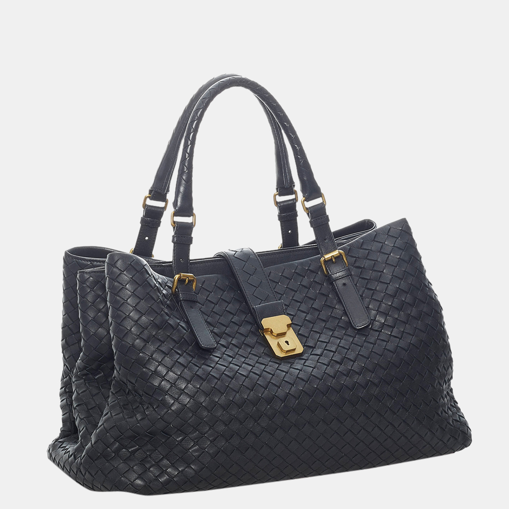 

Bottega Veneta Black Intrecciato Roma Leather Tote Bag