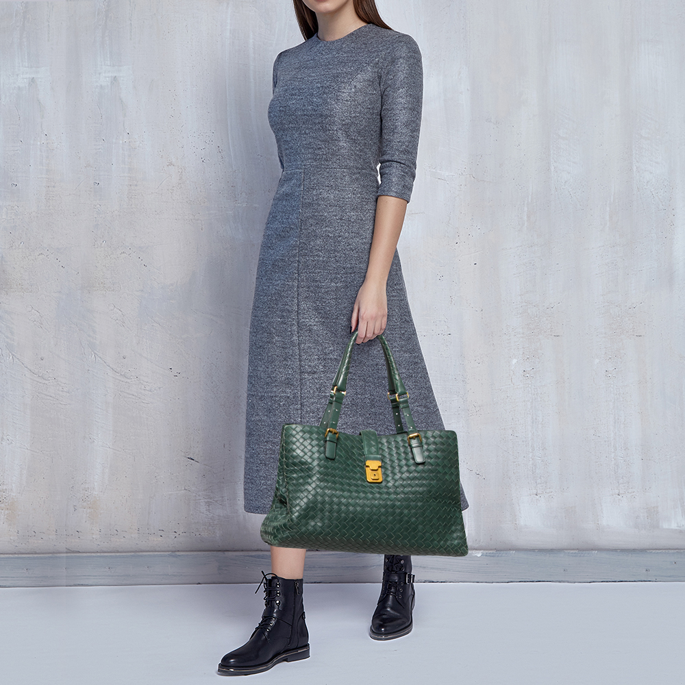 

Bottega Veneta Green Intrecciato Leather Medium Roma Tote
