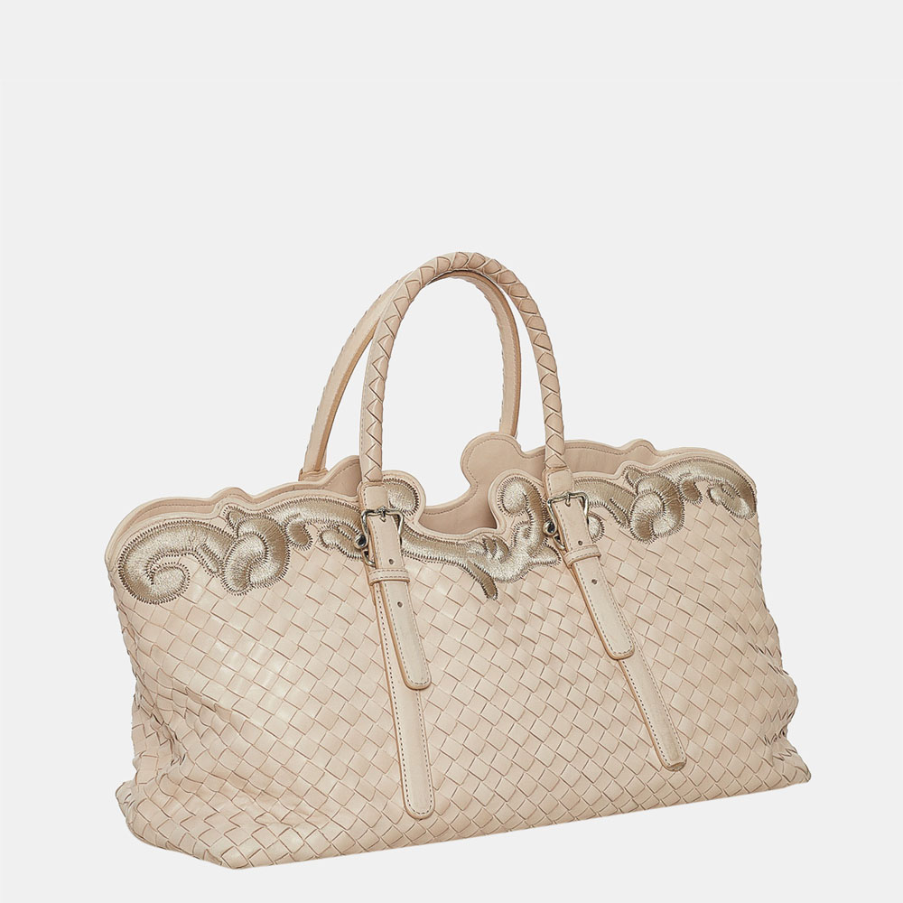 

Bottega Veneta White Embroidered Trim Intrecciato Tote