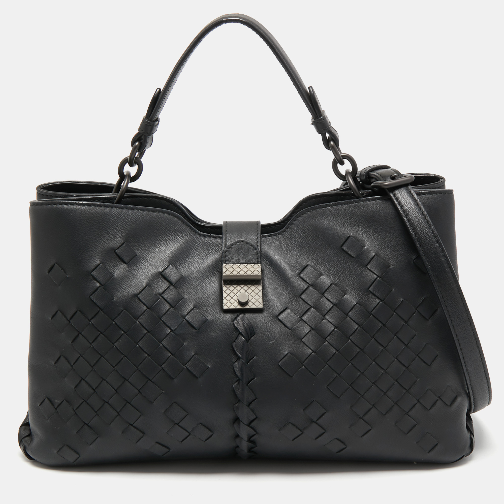 Pre Owned Bottega Veneta Black Intrecciato Leather Napolli Tote