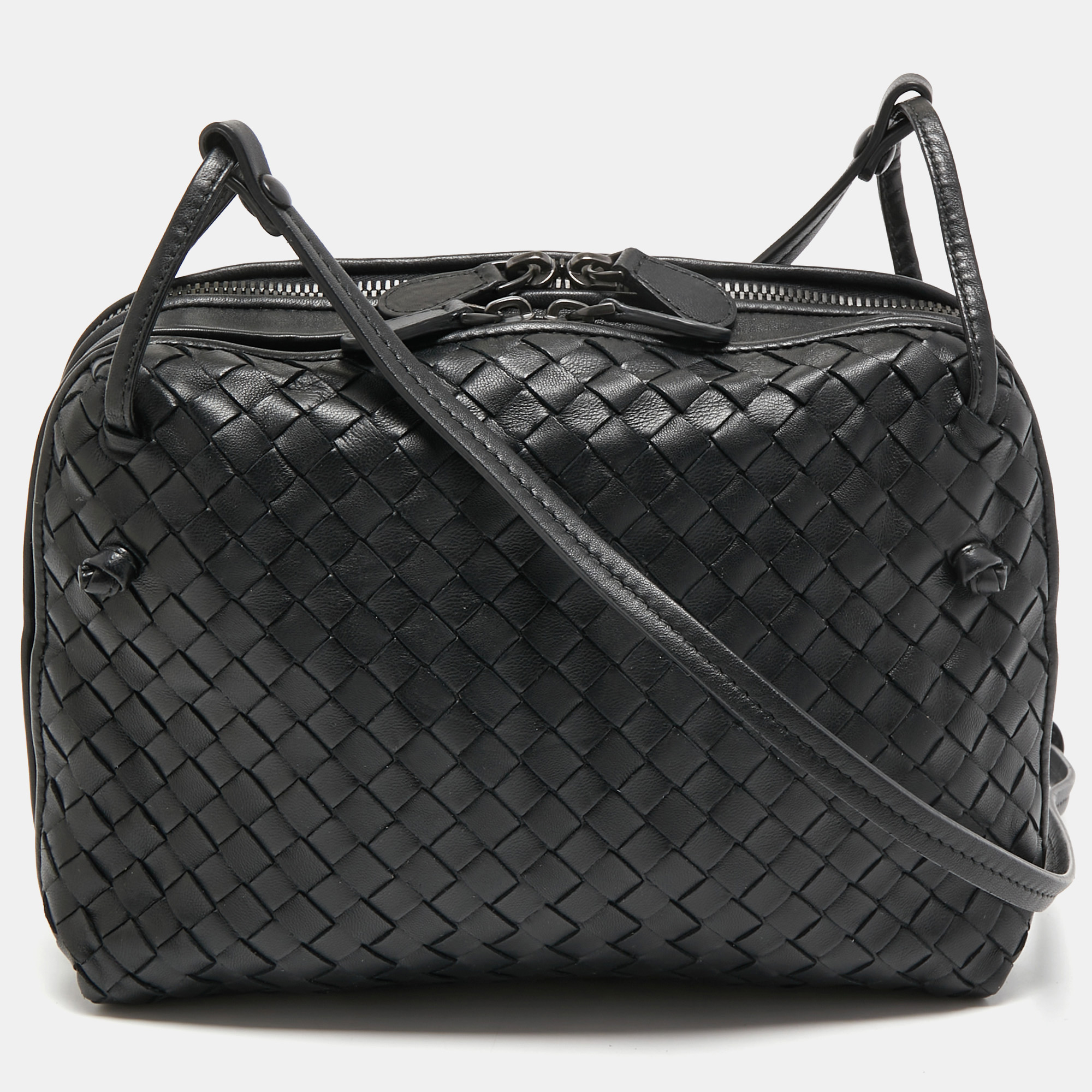 Pre Owned Bottega Veneta Black Intrecciato Leather Nodini Crossbody Bag