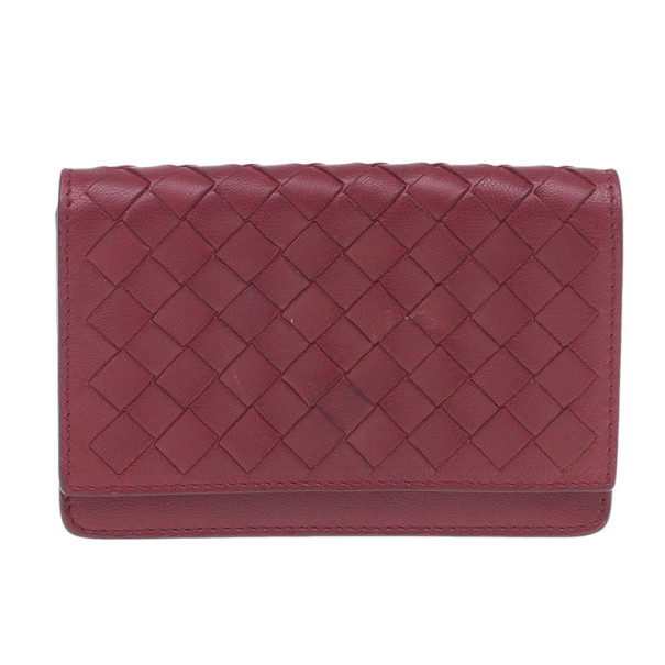 Pre Owned Bottega Veneta Red Leather Intrecciato Card Holder