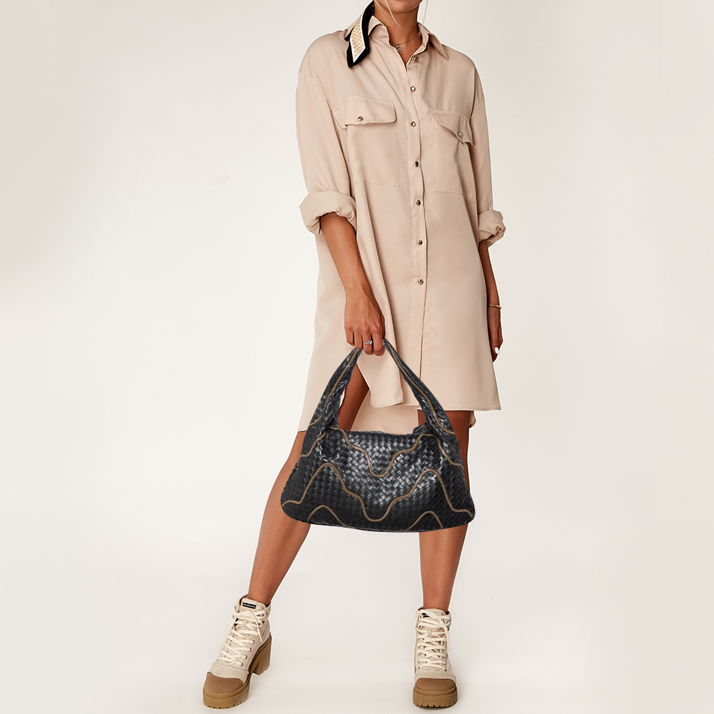 

Bottega Veneta Black Intrecciato Leather Chain Link Veneta Hobo