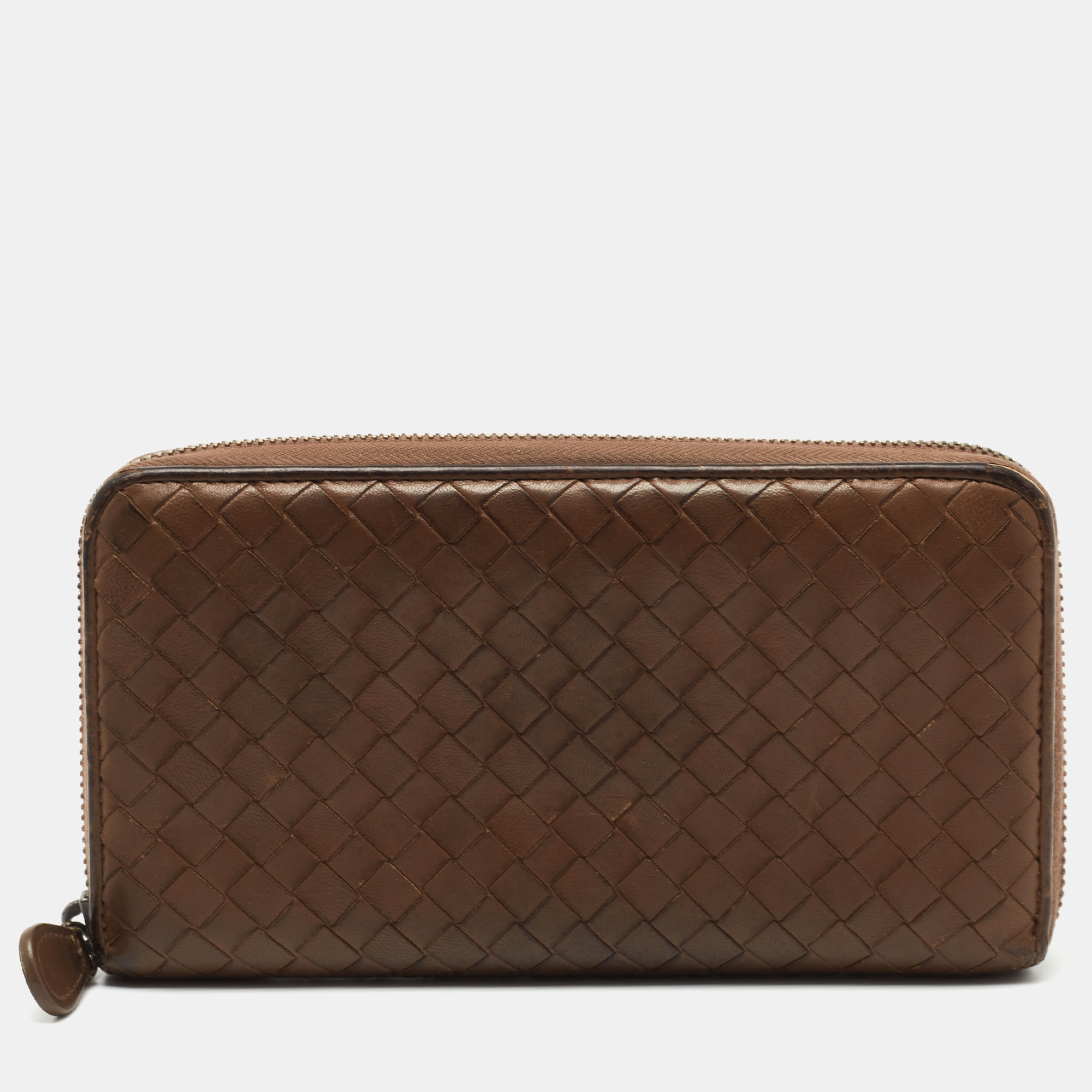 Pre-owned Bottega Veneta Brown Intrecciato Leather Zip Around Wallet