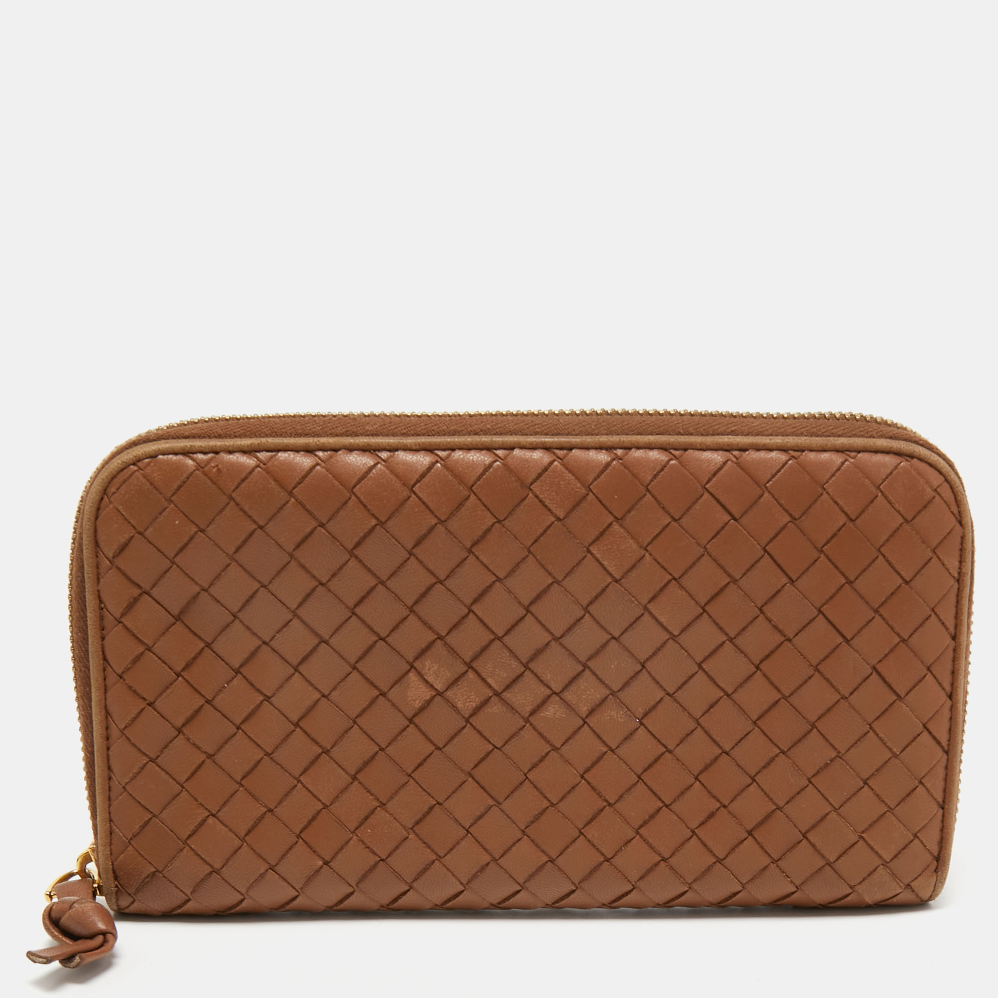 Pre-owned Bottega Veneta Brown Intrecciato Leather Zip Around Wallet