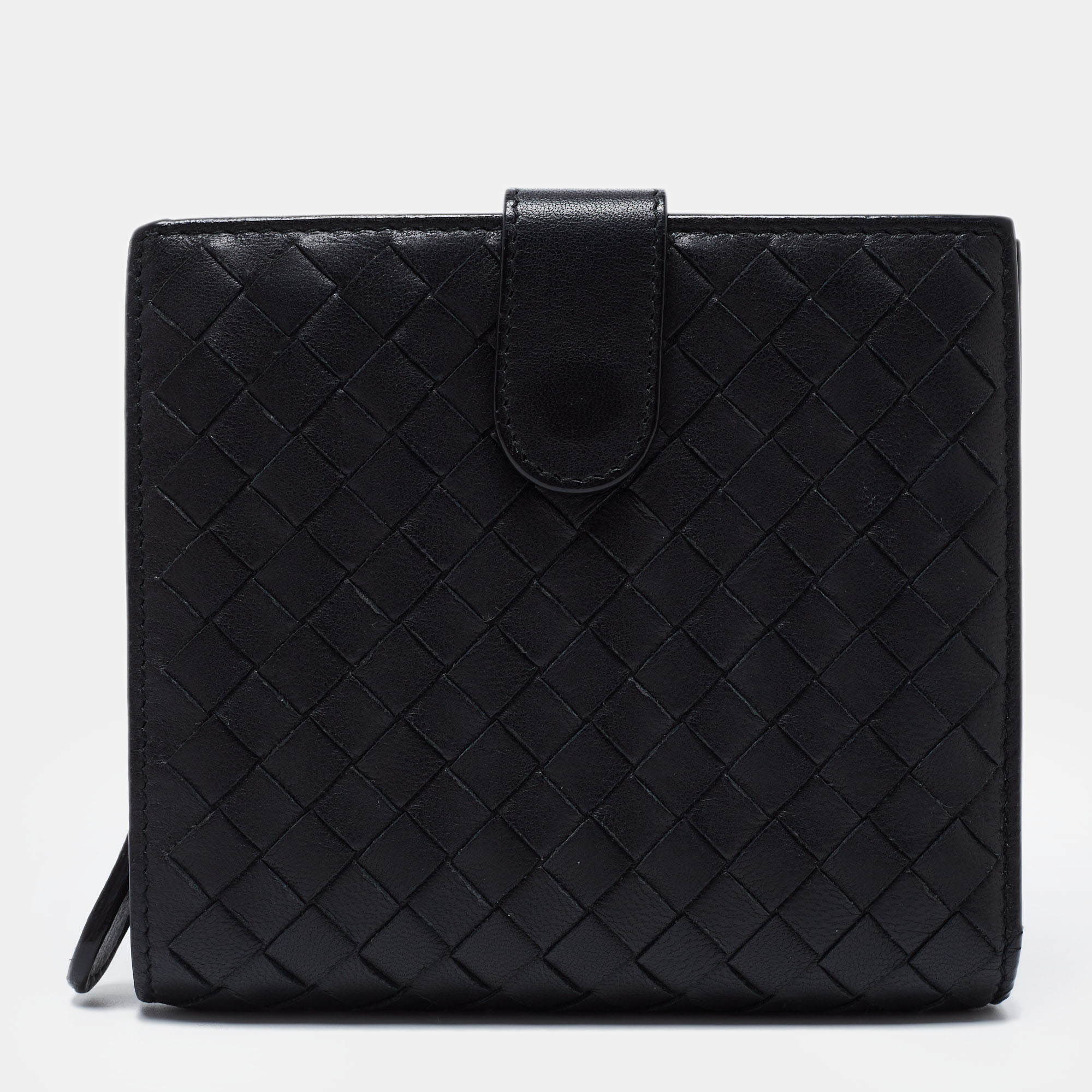 Pre-owned Bottega Veneta Black Intrecciato Leather French Compact Wallet