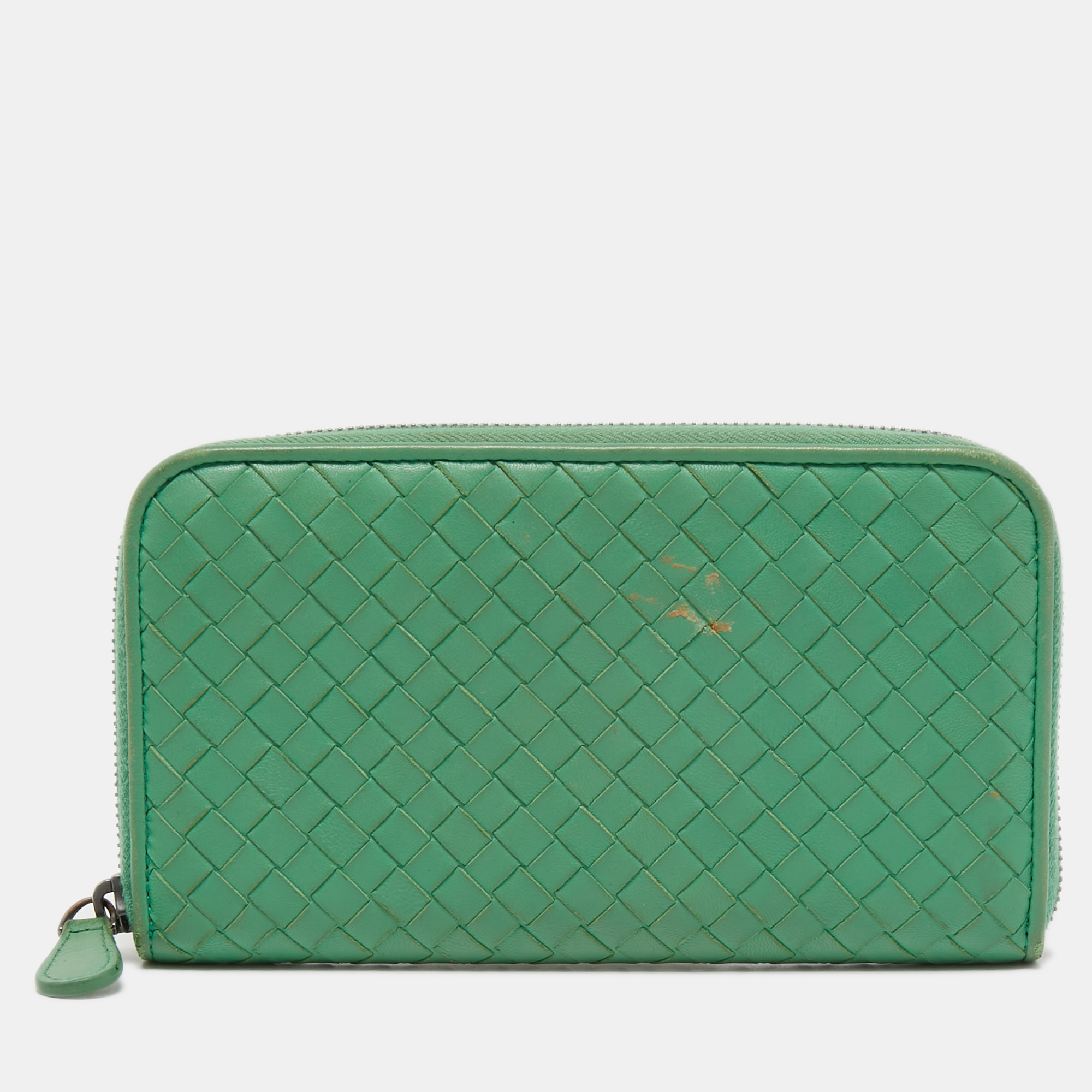 Pre-owned Bottega Veneta Green Intrecciato Leather Zip Around Wallet