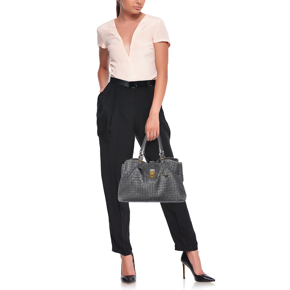 

Bottega Veneta Dark Grey Intrecciato Leather Roma Tote