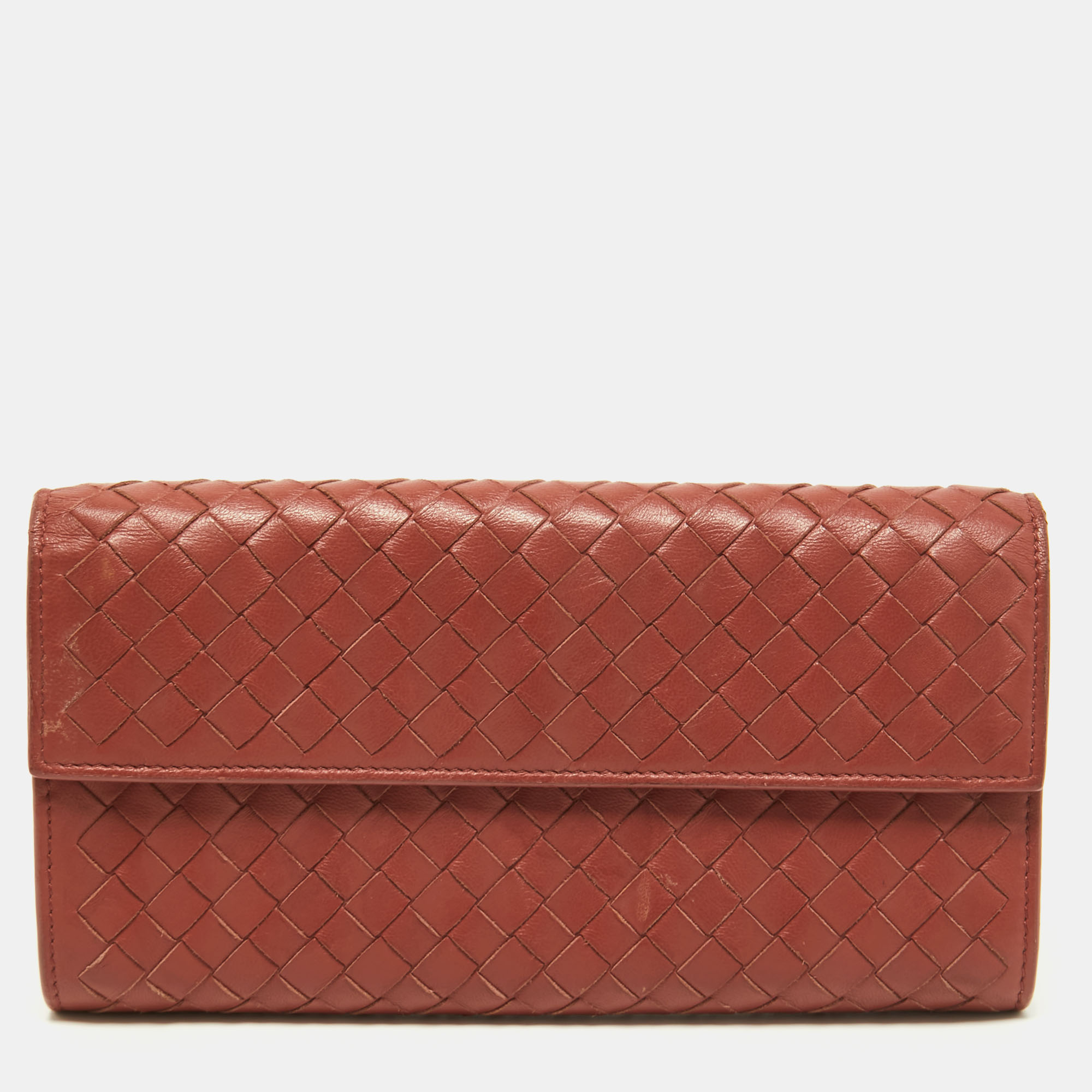 Pre-owned Bottega Veneta Brown Intrecciato Leather Flap Continental Wallet