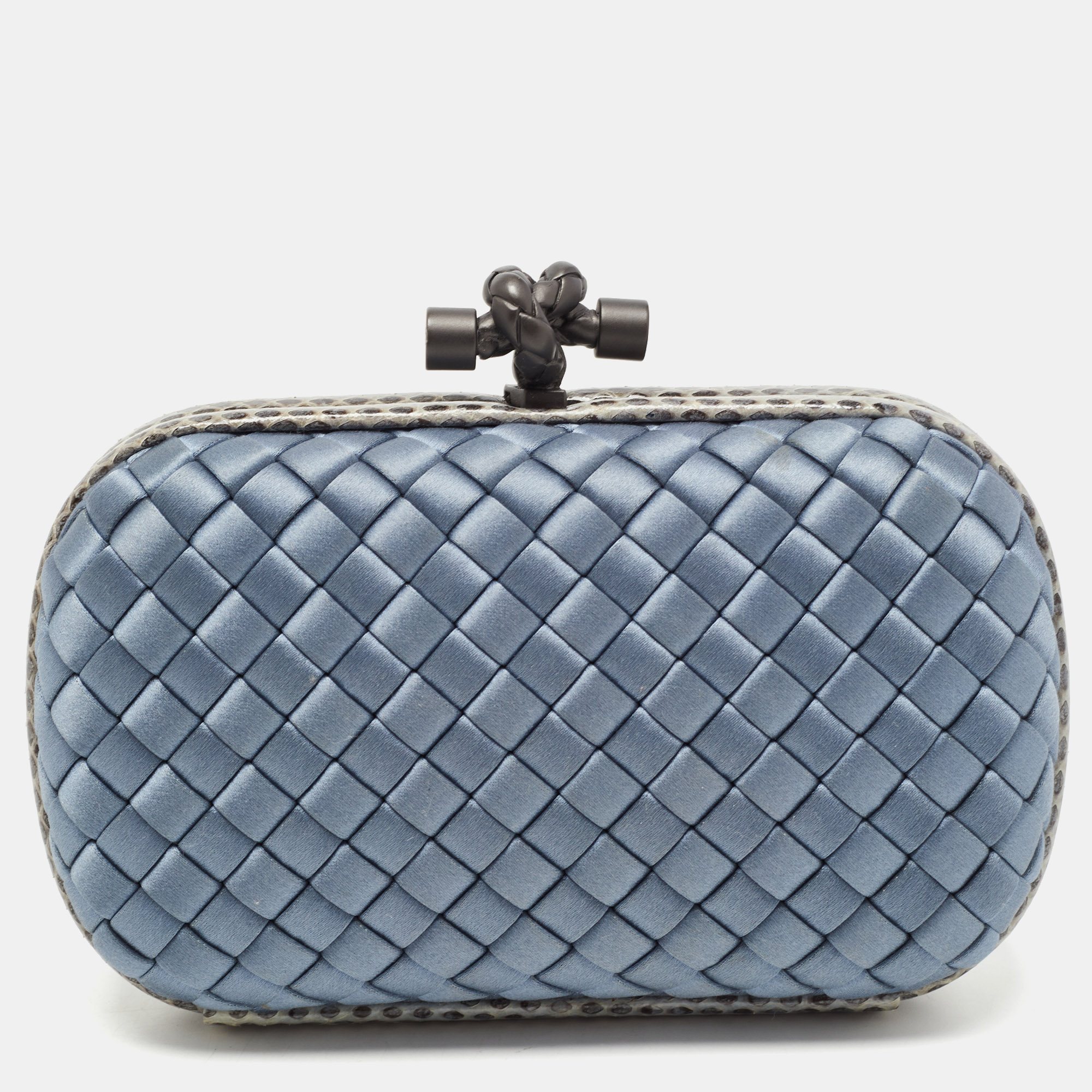 Pre Owned Bottega Veneta Blue Satin and Water Snake Trim Knot Clutch