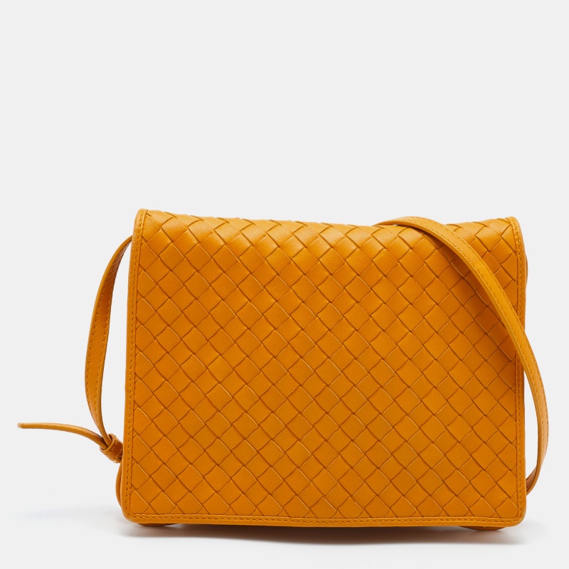 Pre-owned Bottega Veneta Mustard Intrecciato Leather Flap Crossbody Bag