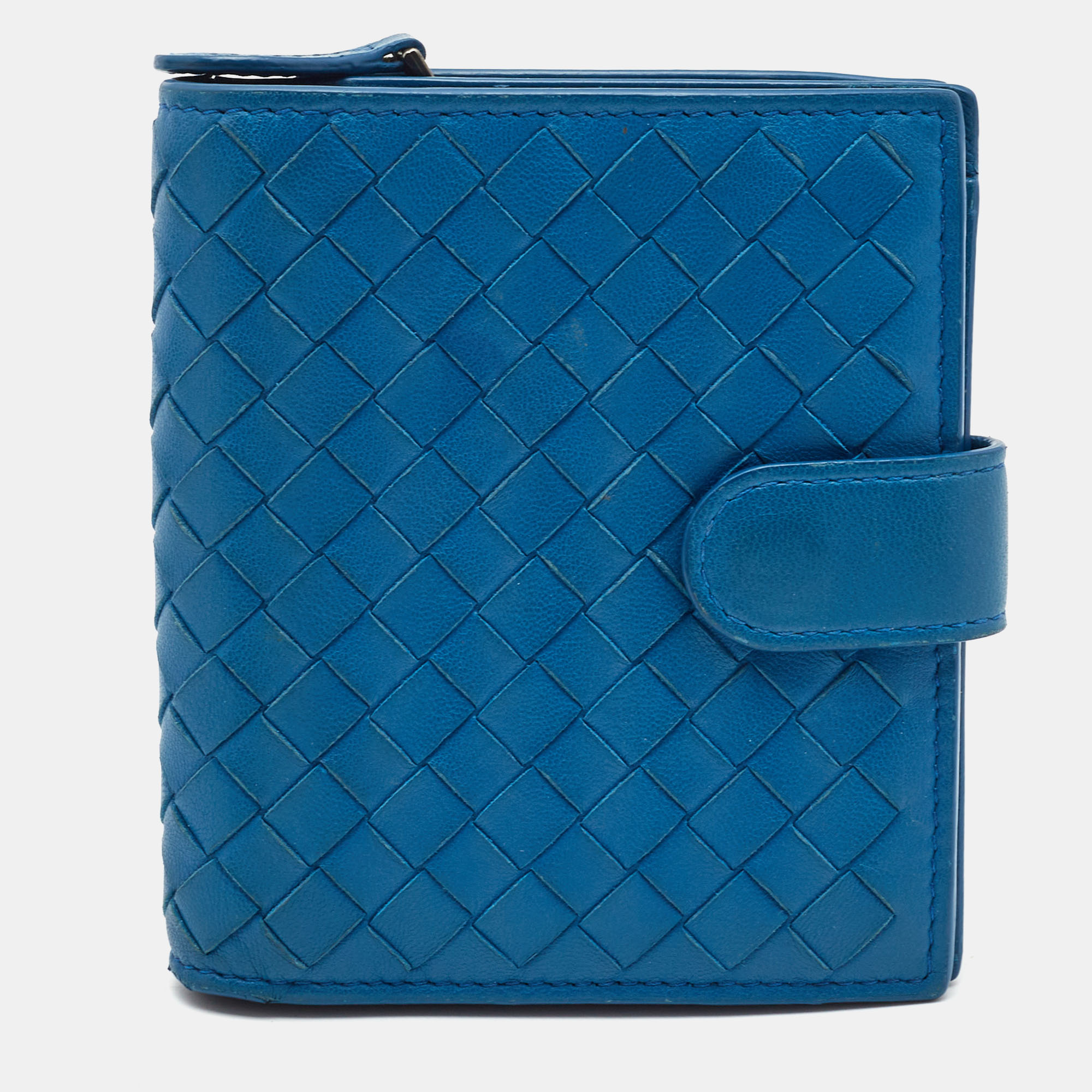 Pre-owned Bottega Veneta Blue Intrecciato Leather French Compact Wallet