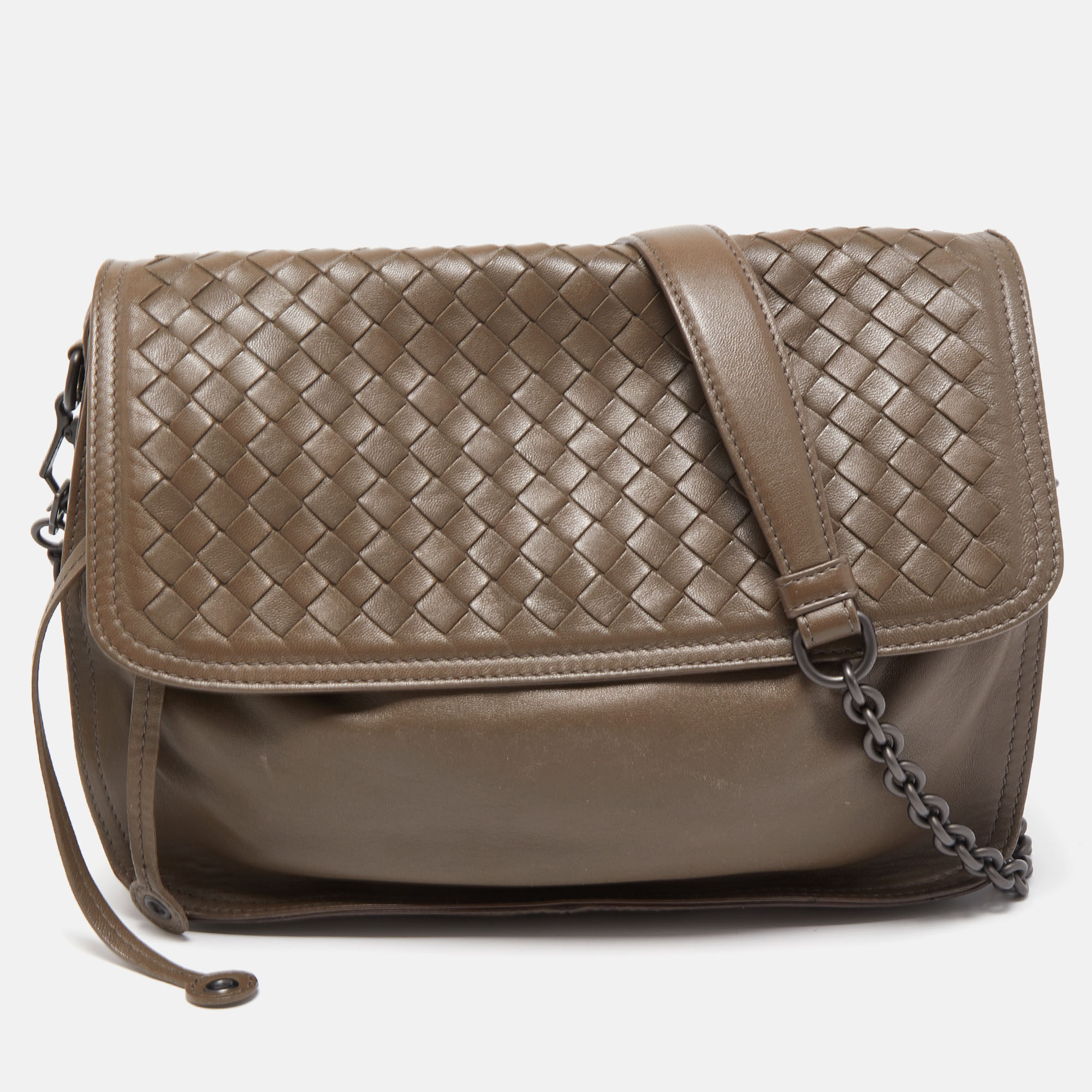 Pre Owned Bottega Veneta Dark Grey Intrecciato Leather Flap Shoulder Bag