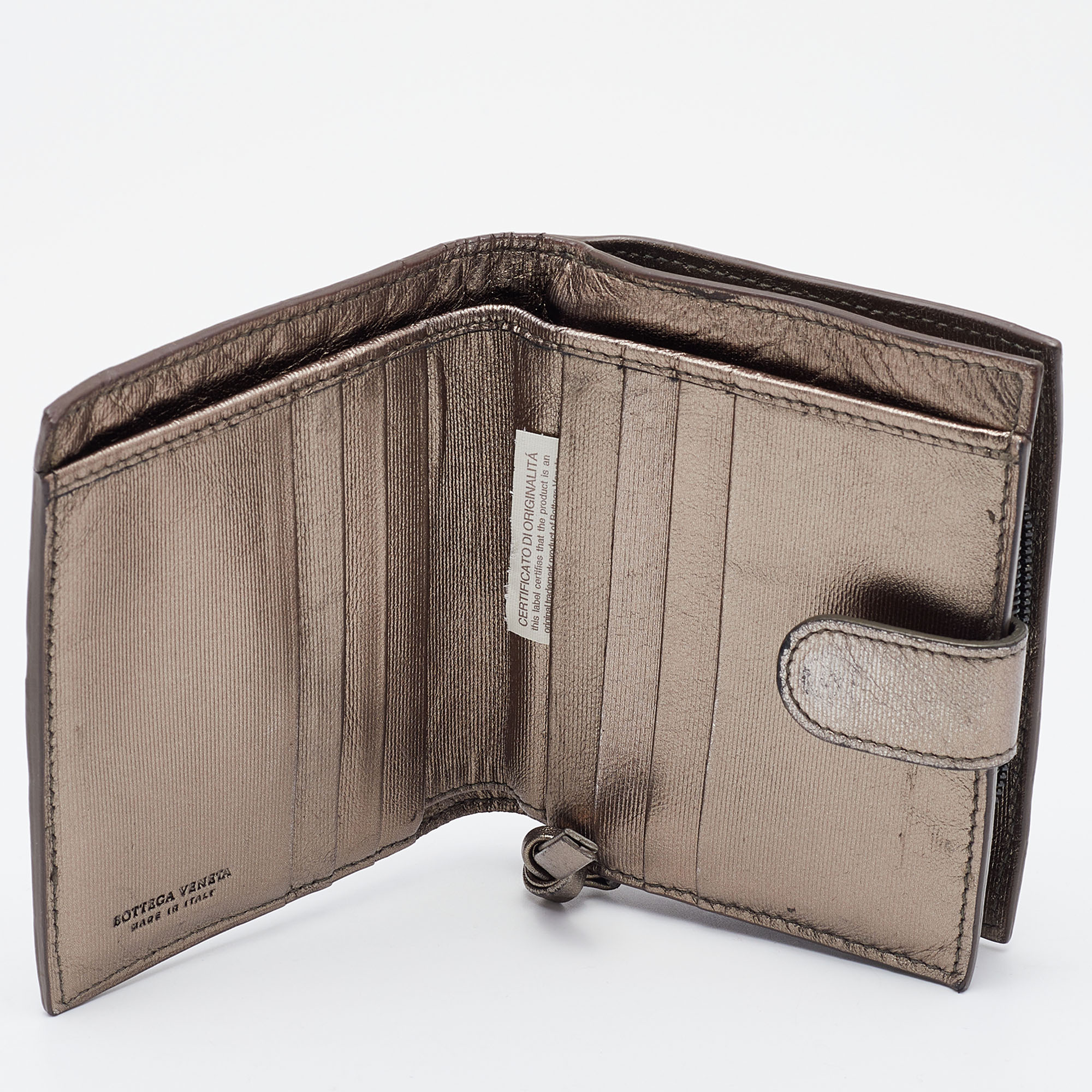 

Bottega Veneta Metallic Intrecciato Leather French Compact Wallet
