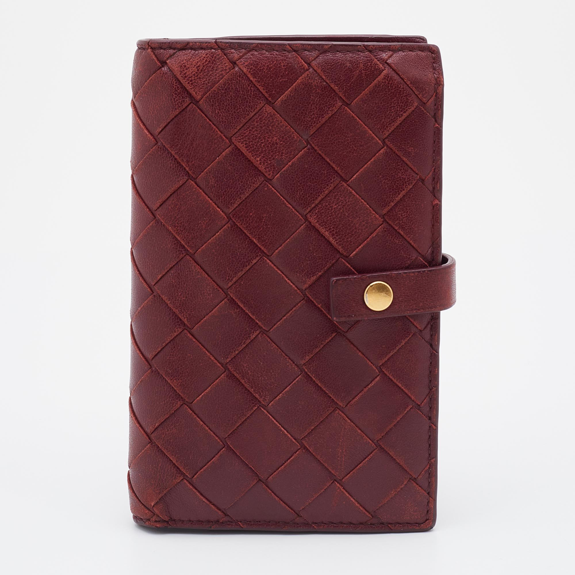 Pre-owned Bottega Veneta Red Intrecciato Leather French Compact Wallet