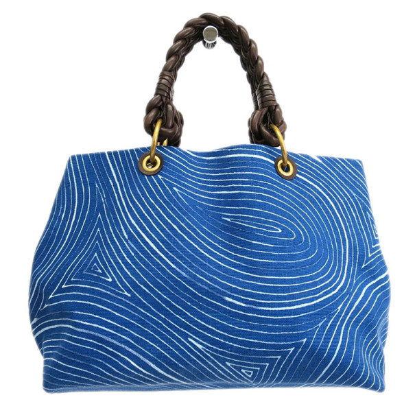 Pre Owned Bottega Veneta Blue Canvas Shopper Tote