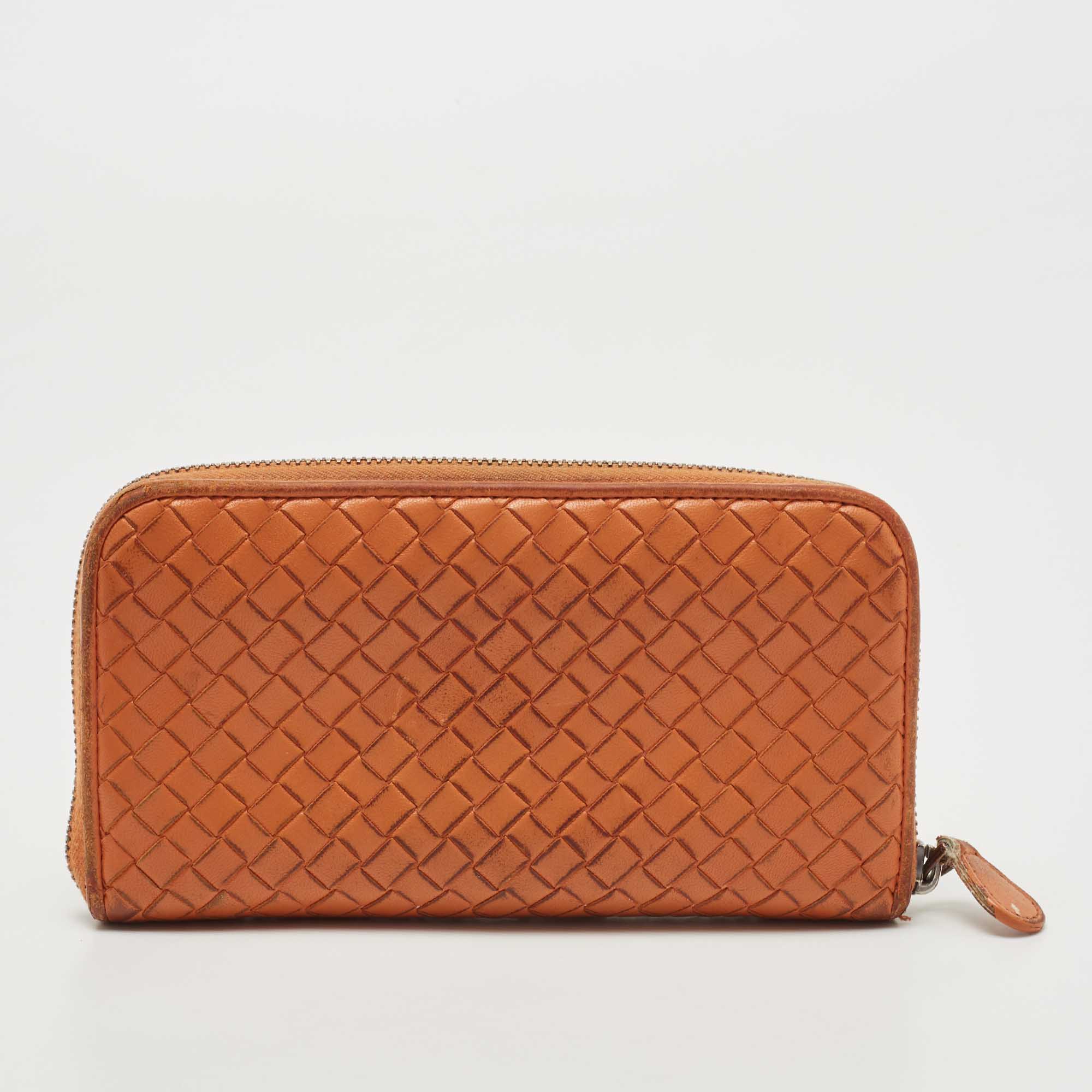 Pre-owned Bottega Veneta Orange Intrecciato Leather Zip Around Continental Wallet