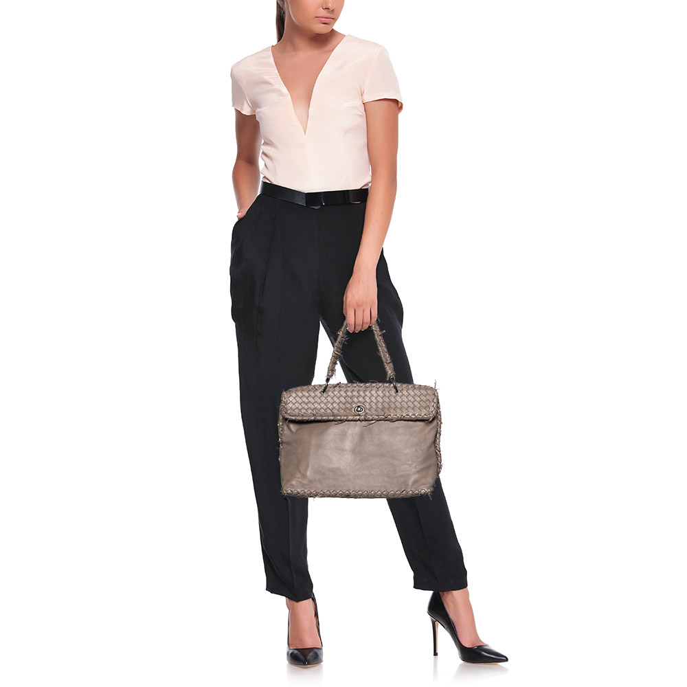 

Bottega Veneta Grey Intreccaito Leather Flap Top Handle Bag
