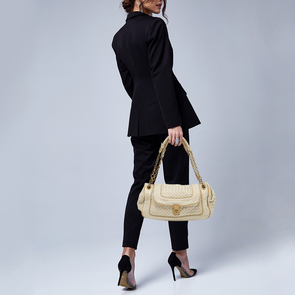 

Bottega Veneta Ivory/Gold Intrecciato Leather Napoli Shoulder Bag, White