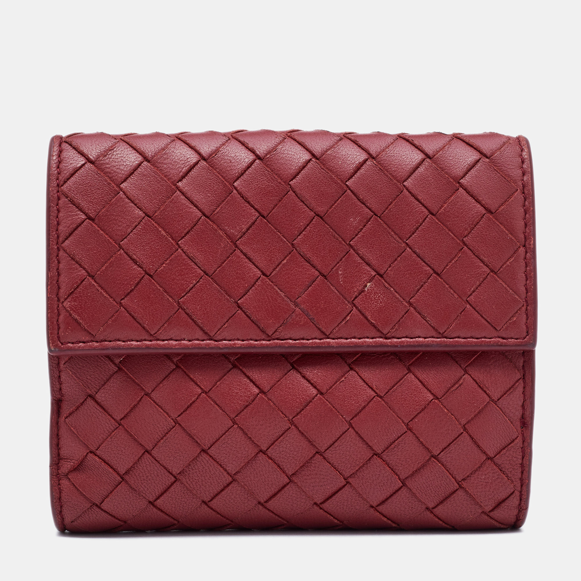 Pre-owned Bottega Veneta Reddish Brown Intrecciato Leather French Compact Wallet