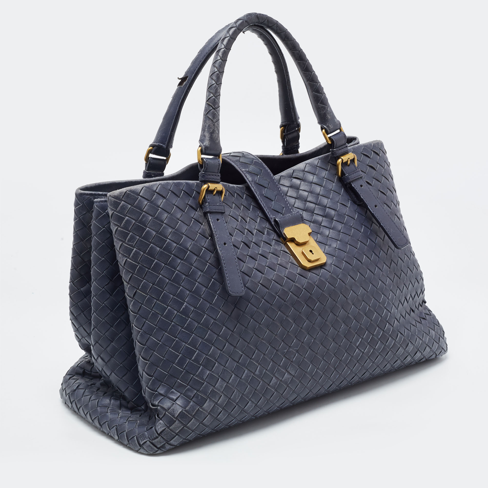 

Bottega Veneta Navy Blue Intrecciato Leather Medium Roma Tote