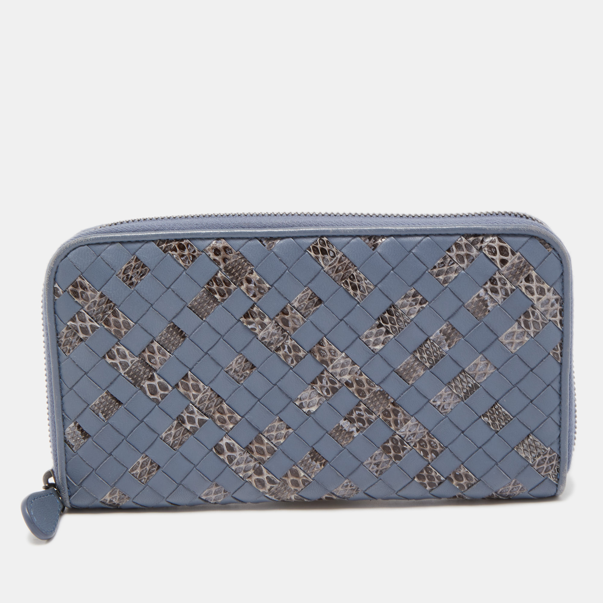 Pre-owned Bottega Veneta Light Blue Intrecciato Leather And Watersnake Zip Around Continental Wallet