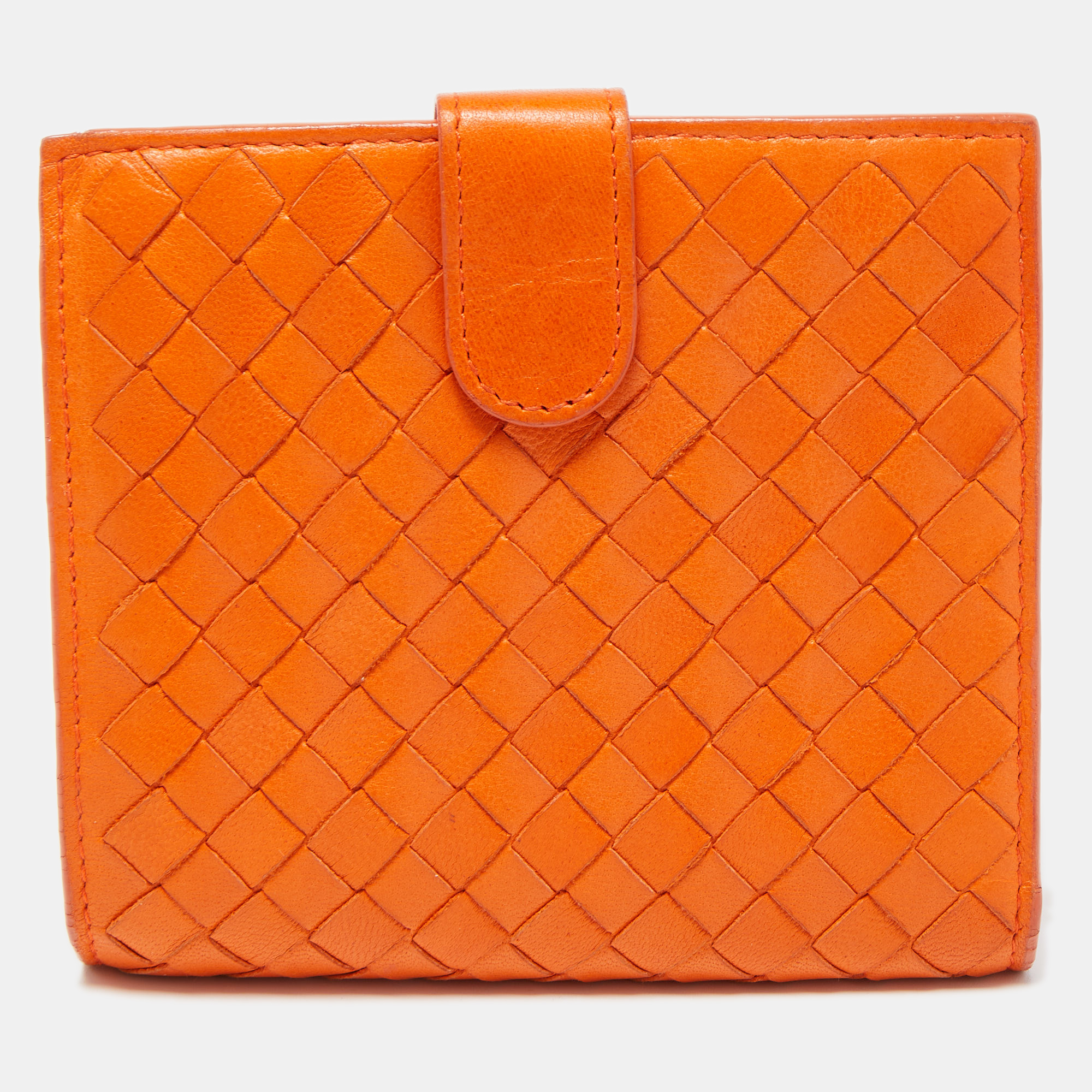 Pre-owned Bottega Veneta Orange Intrecciato Leather Bifold Zip Wallet