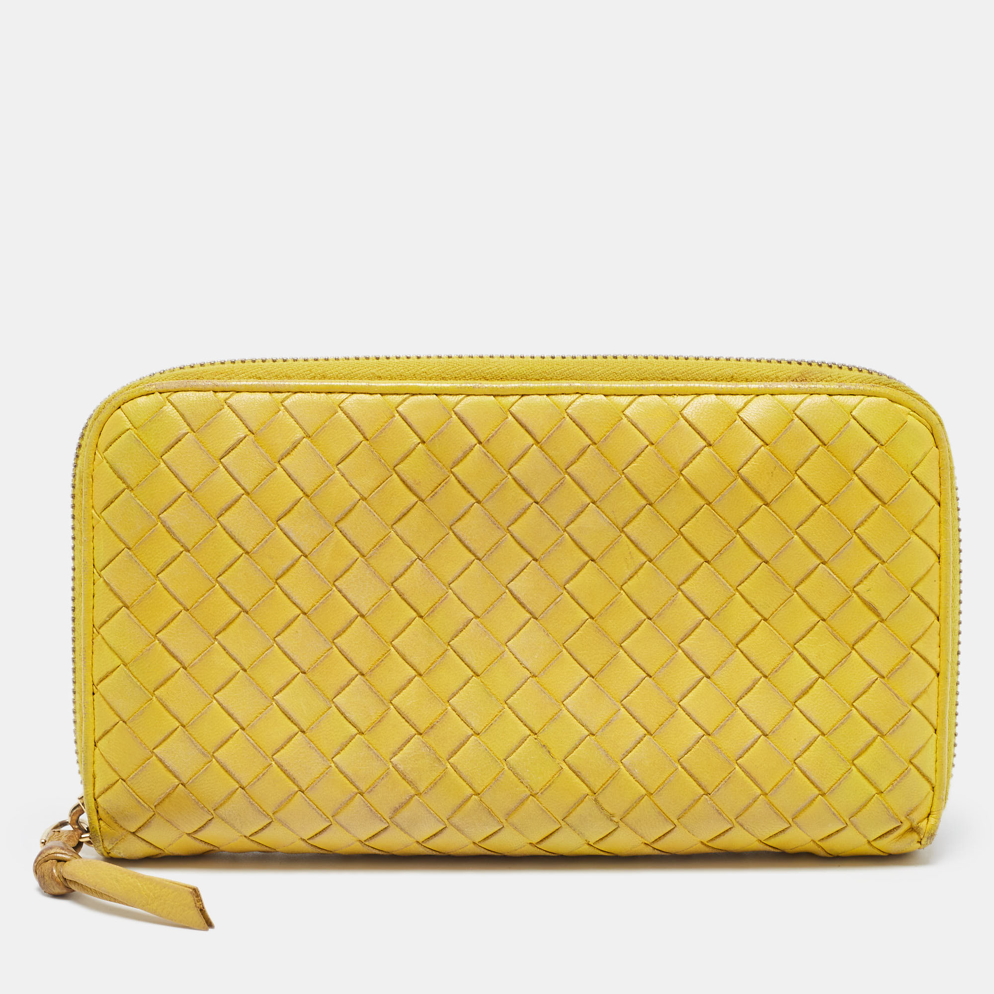 Pre-owned Bottega Veneta Yellow Intrecciato Leather Zip Around Continental Wallet