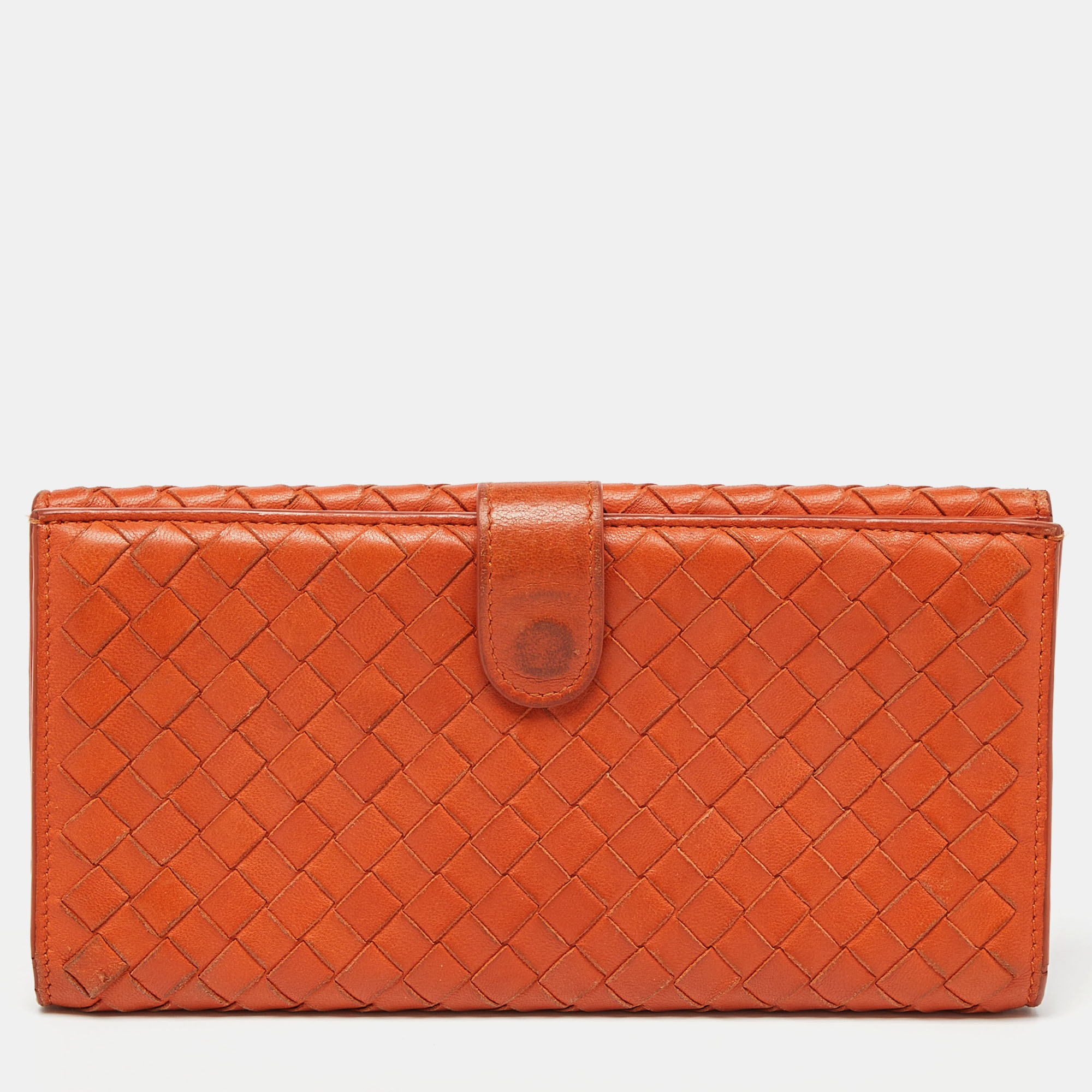 Pre-owned Bottega Veneta Orange Intrecciato Leather Flap Continental Wallet