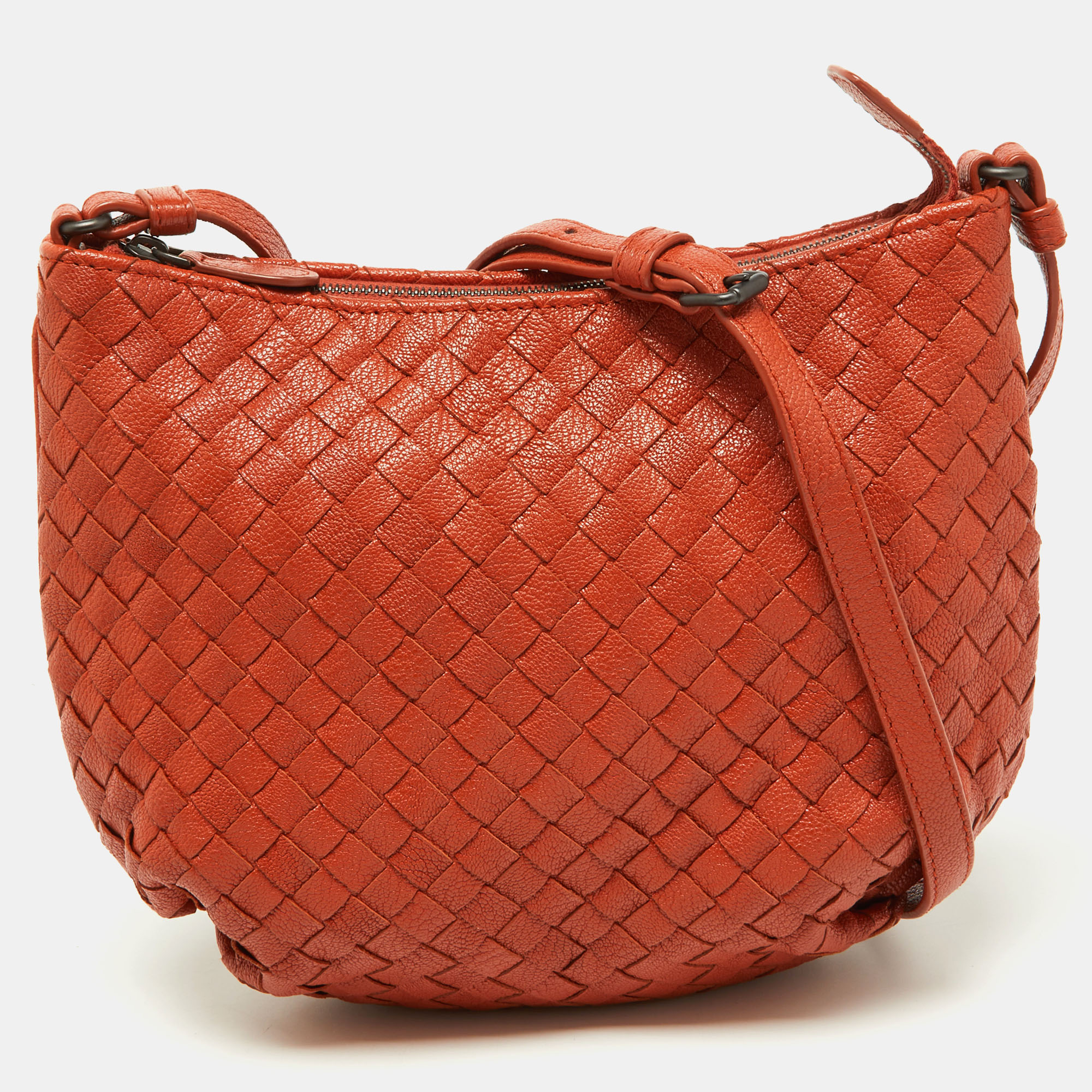Pre Owned Bottega Veneta Brown Rust Intrecciato Leather Crossbody Bag