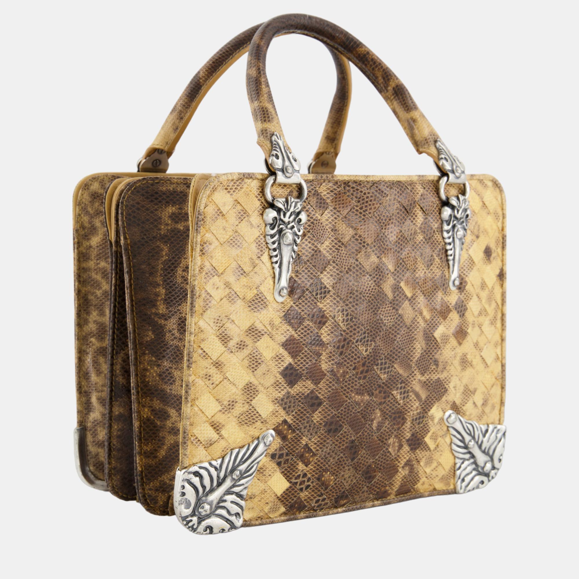 

Bottega Veneta Vintage Python Brown Hand Bag with Silver Hardware