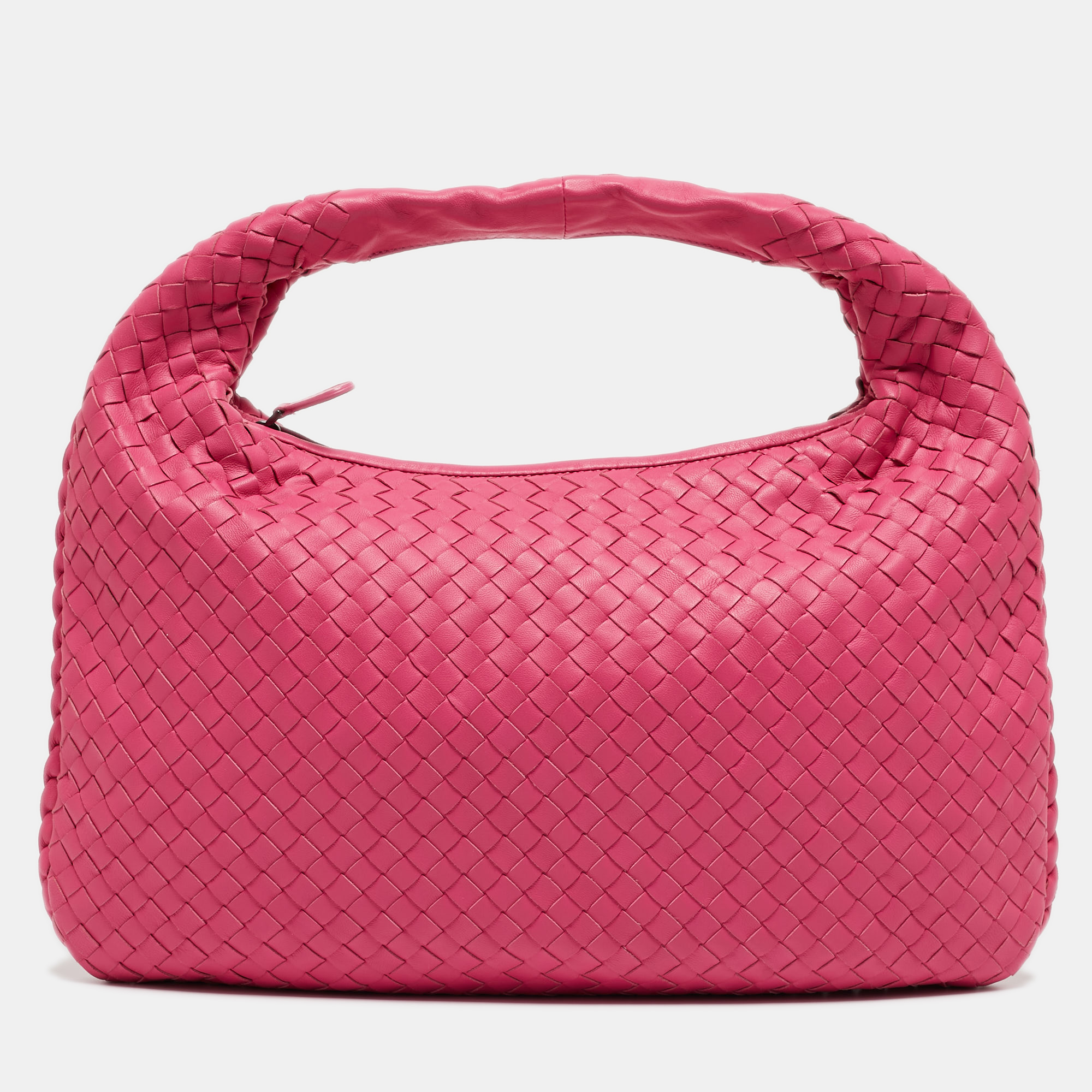 Pre Owned Bottega Veneta Pink Intrecciato Leather Medium Veneta Hobo