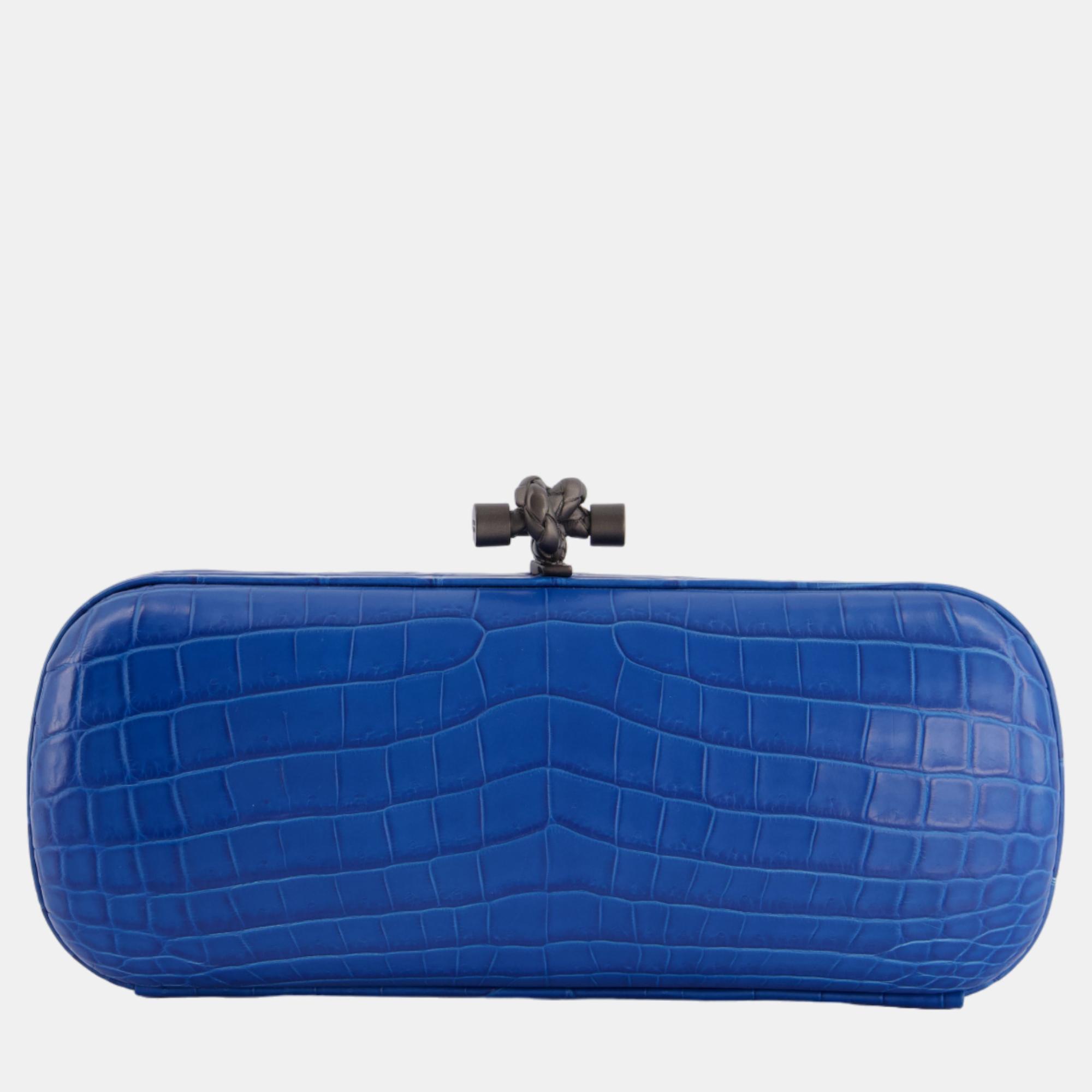 

Bottega Veneta Blue Crocodile Knot Clutch Bag